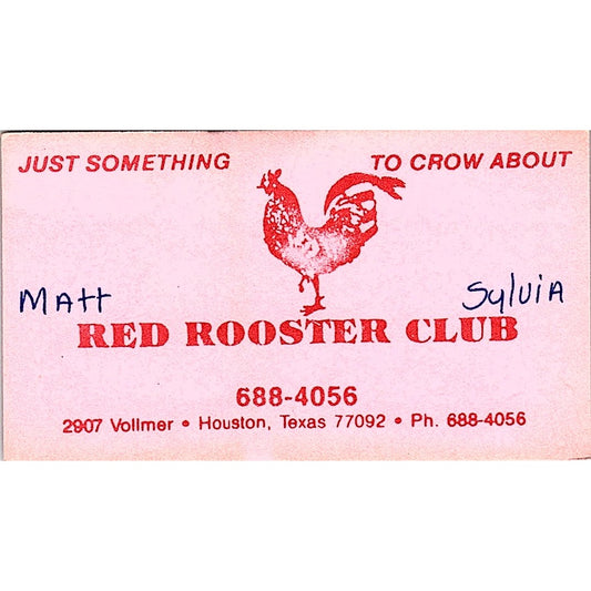 Red Rooster Club Matt & Sylvia Houston TX Vintage Business Card SD9-B5