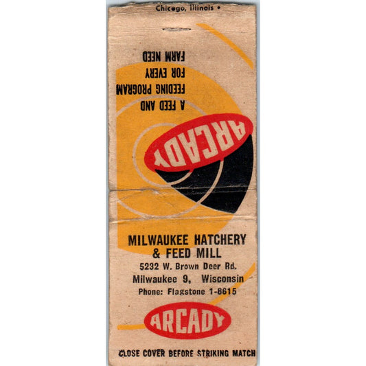 Arcady Milwaukee Hatchery & Feed Mill WI Vintage Matchbook Cover SD4-Y13