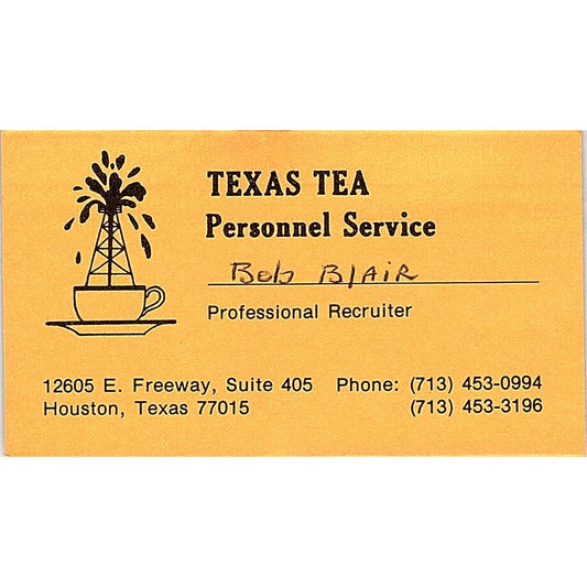 Texas Tea Personnel Service Bob Blair Houston Texas Vintage Business Card SF3-B7
