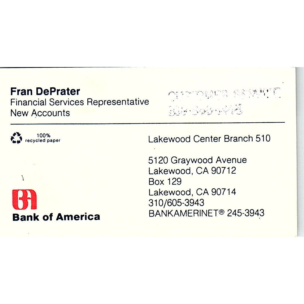 Fran DePrater Bank of America Lakewood CA Vintage Business Card SD9-B14