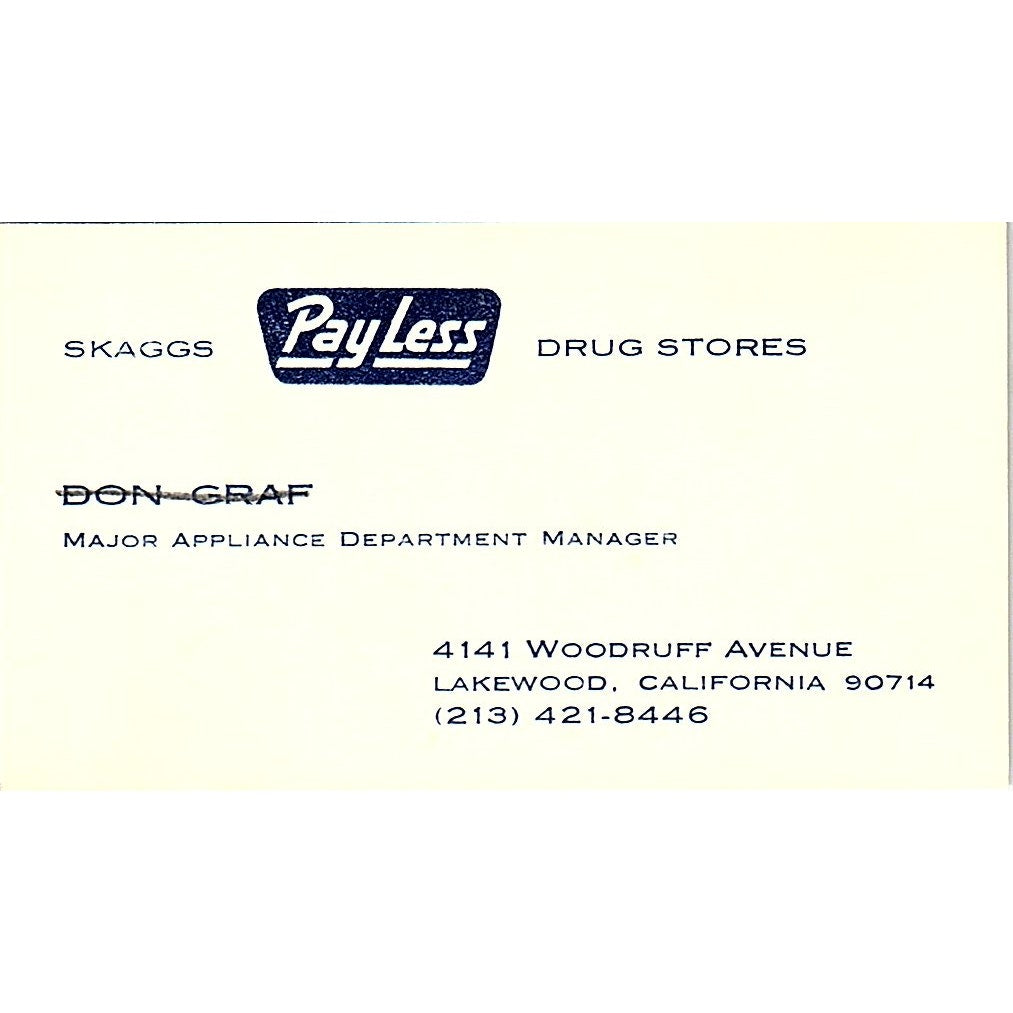 Skaggs Pay Less Drug Stores Lakewood CA Vintage Business Card SB4-B8