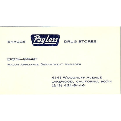 Skaggs Pay Less Drug Stores Lakewood CA Vintage Business Card SB4-B8