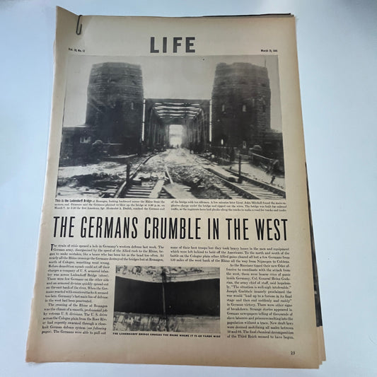 1945 Germans Crumble in the West Ludendorff Bridge 3 Pages WWII Article V29-5