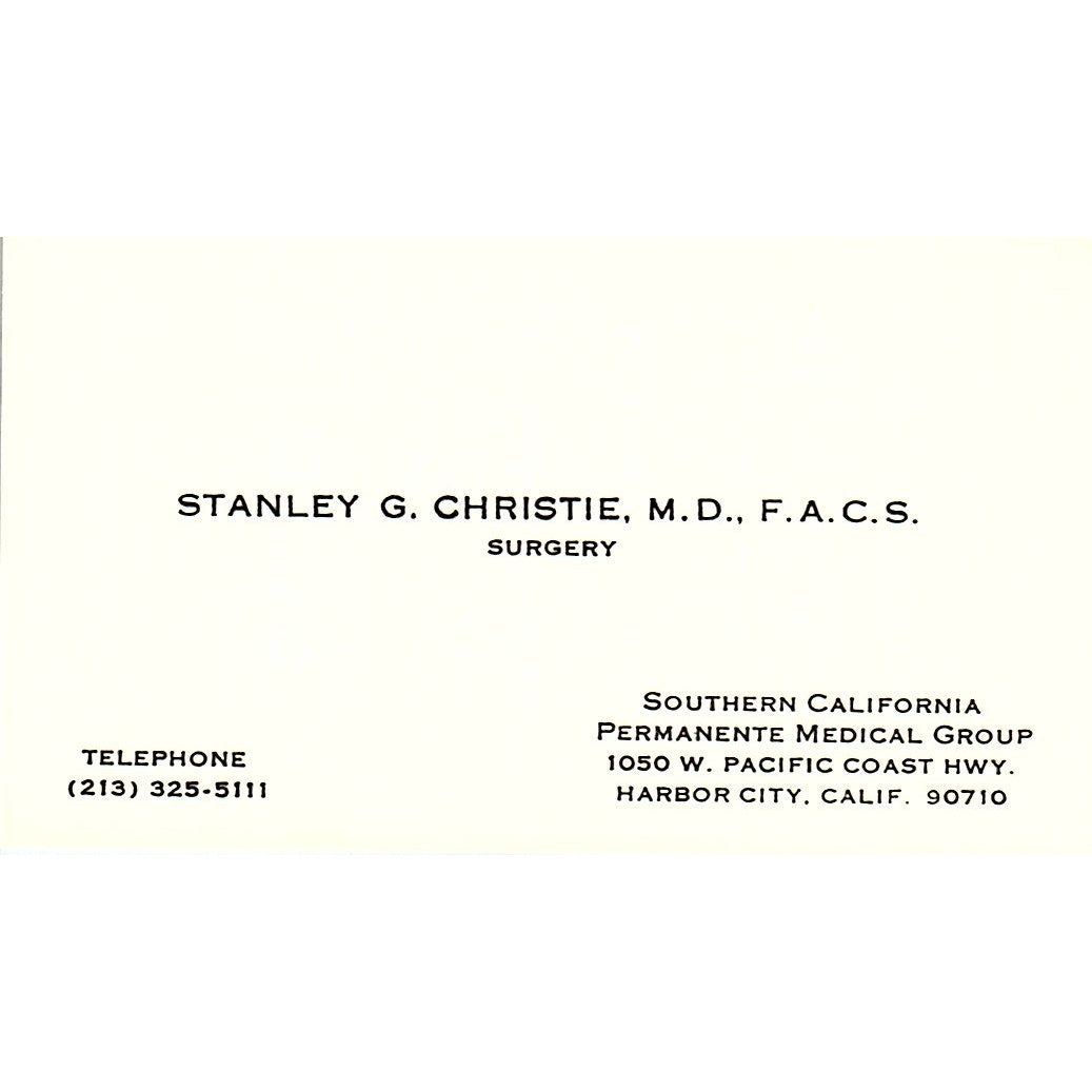 Surgery, Stanley G. Christie, M.d., Harbor City CA Vintage Business Card SF3-B9