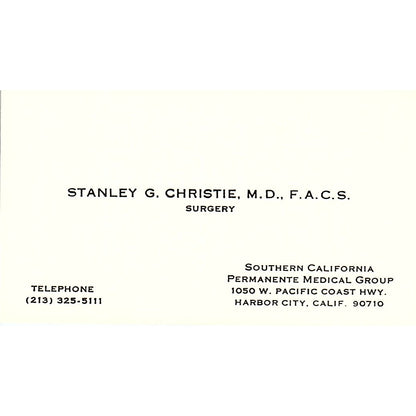 Surgery, Stanley G. Christie, M.d., Harbor City CA Vintage Business Card SF3-B9