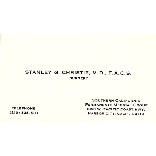 Surgery, Stanley G. Christie, M.d., Harbor City CA Vintage Business Card SF3-B9