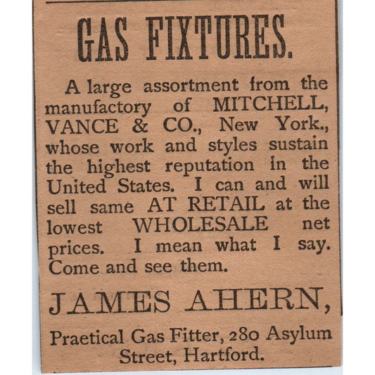 James Ahern Gas Fixtures 1886 Hartford CT Victorian Ad AB8-HT1