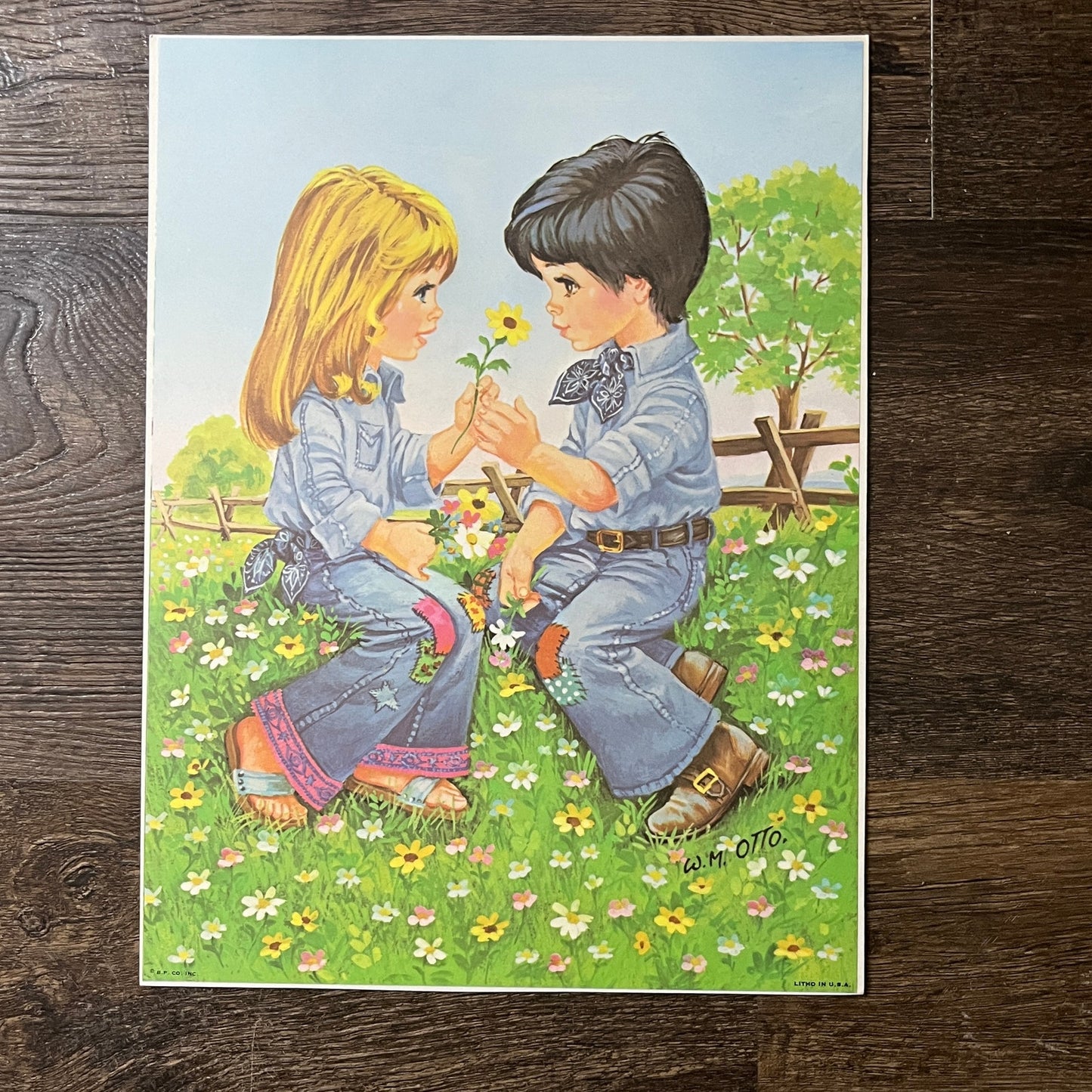 1970s Boy and Girl in Love - W.M. Otto Kitsch Lithograph Art Print 9x12 V8