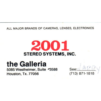 2001 Stereo Systems Inc The Galleria Houston TX Vintage Business Card SD8-B20
