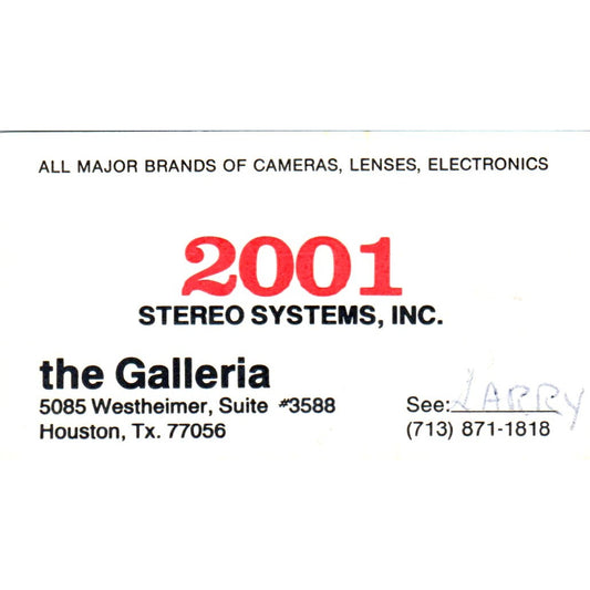 2001 Stereo Systems Inc The Galleria Houston TX Vintage Business Card SD8-B20