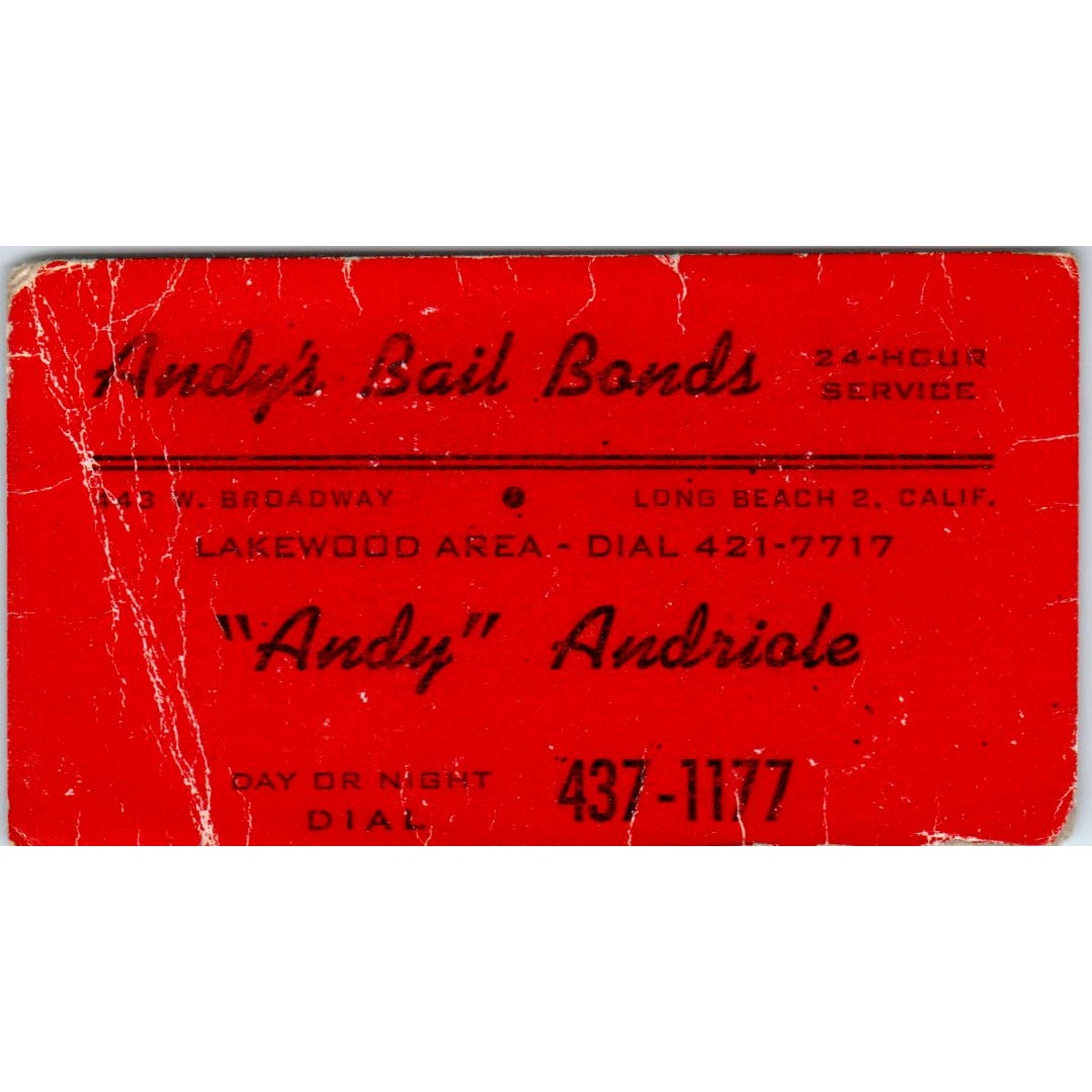 Andy's Bail Bonds Long Beach CA Andy Andriole Vintage Business Card SD4-B2