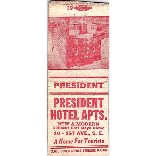 President Hotel Apartments 1st Ave SE Rochester MN Vtg Matchbook Cover SE5-Y1