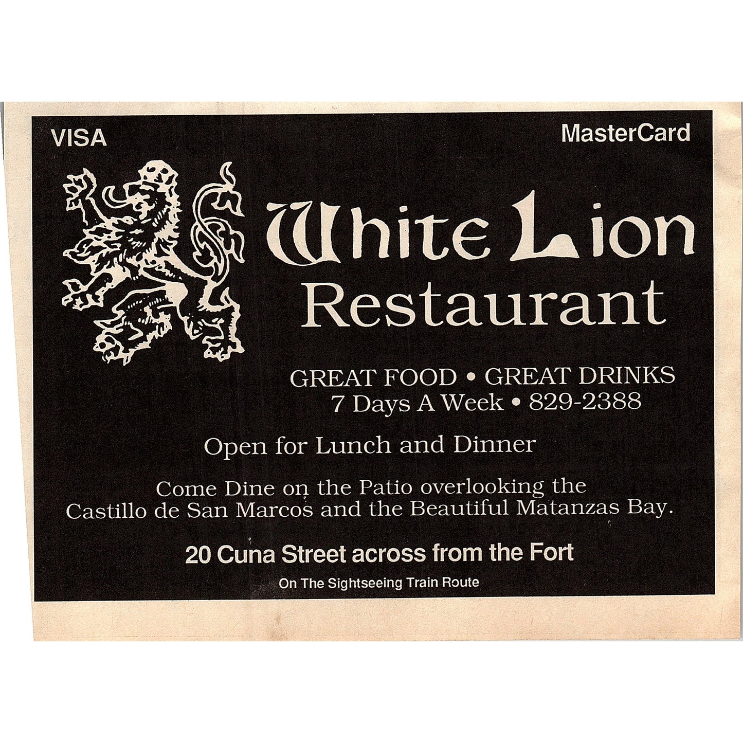 White Lion Restaurant 20 Cuna Street St. Augustine FL 1989 Ad AF9-12
