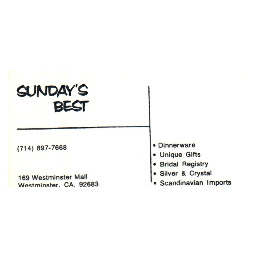 Sunday's Best Dinnerware, Unique gifts, Westminster Mall CA Business Card SF3-B1