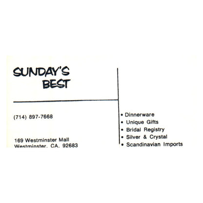 Sunday's Best Dinnerware, Unique gifts, Westminster Mall CA Business Card SF3-B1
