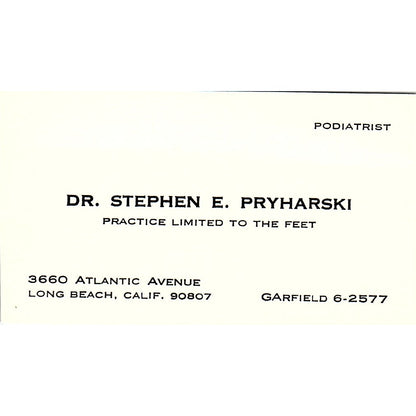 Dr. Stephen E. Pryharski Podiatrist Long Beach CA Vintage Business Card SB4-B1