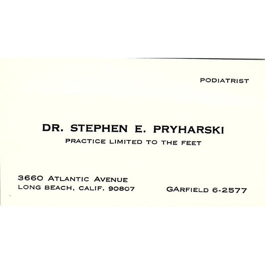 Dr. Stephen E. Pryharski Podiatrist Long Beach CA Vintage Business Card SB4-B1