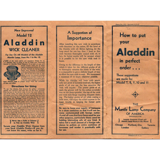 1945 Aladdin Lamp Model 7,8,9,10,11 Maintenance Brochure Mantle Lamp Co K23