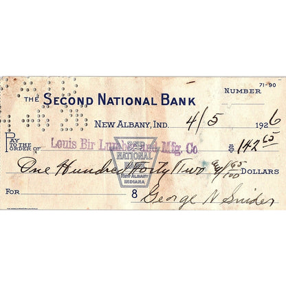 1926 George N Snider to Louis Bir Lumber New Albany NY Bank Stub TH2-OP5