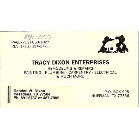 Tracy Dixon Enterprises Randall W Dixon Huffman TX Vintage Business Card SC9-B5