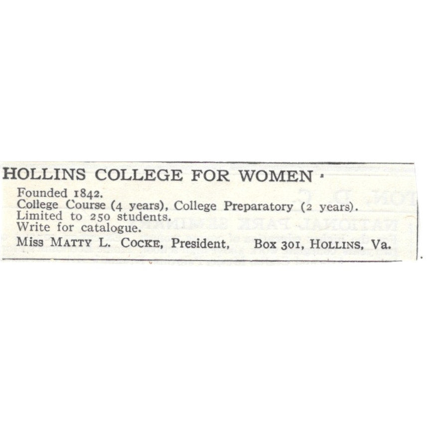 Hollins College for Women Hollins VA Miss Matty L Cocke c1920 Harper’s Ad AG4-S2