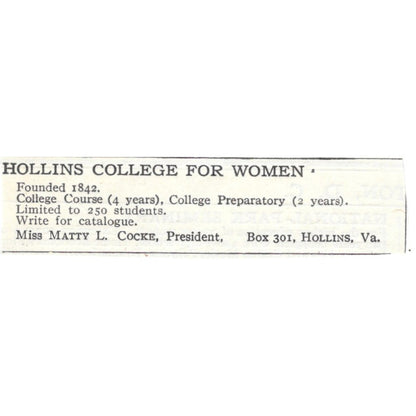Hollins College for Women Hollins VA Miss Matty L Cocke c1920 Harper’s Ad AG4-S2