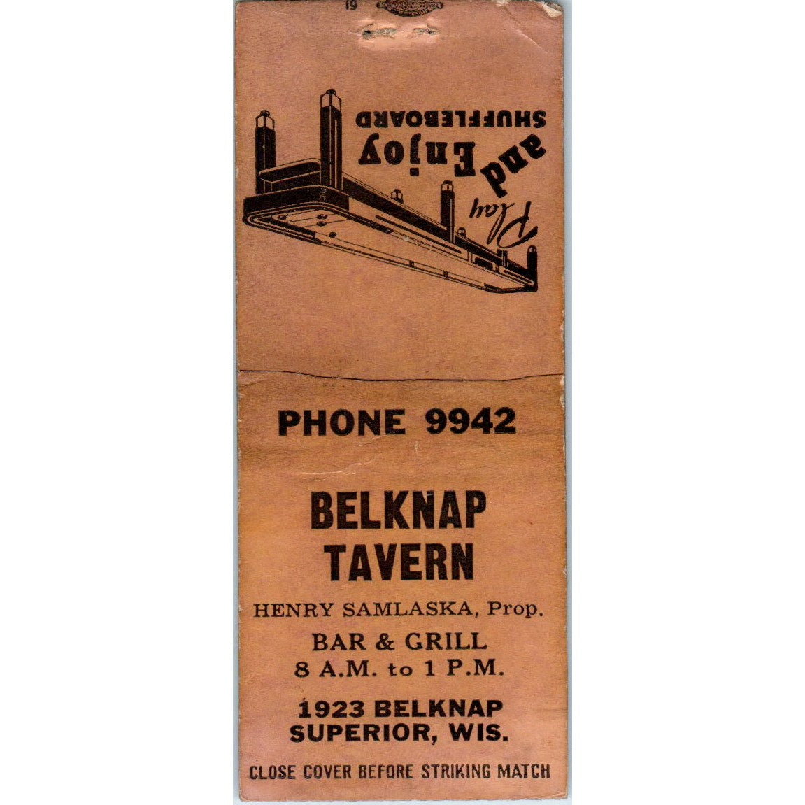 Belknap Tavern Henry Samlaska Superior WI Vintage Matchbook Cover SD2-Y11