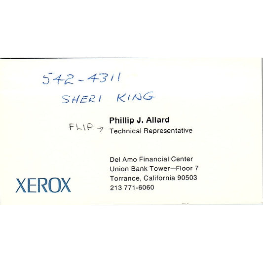 Xerox Phillip J. Allard Torrance CA Vintage Business Card SB4-B10