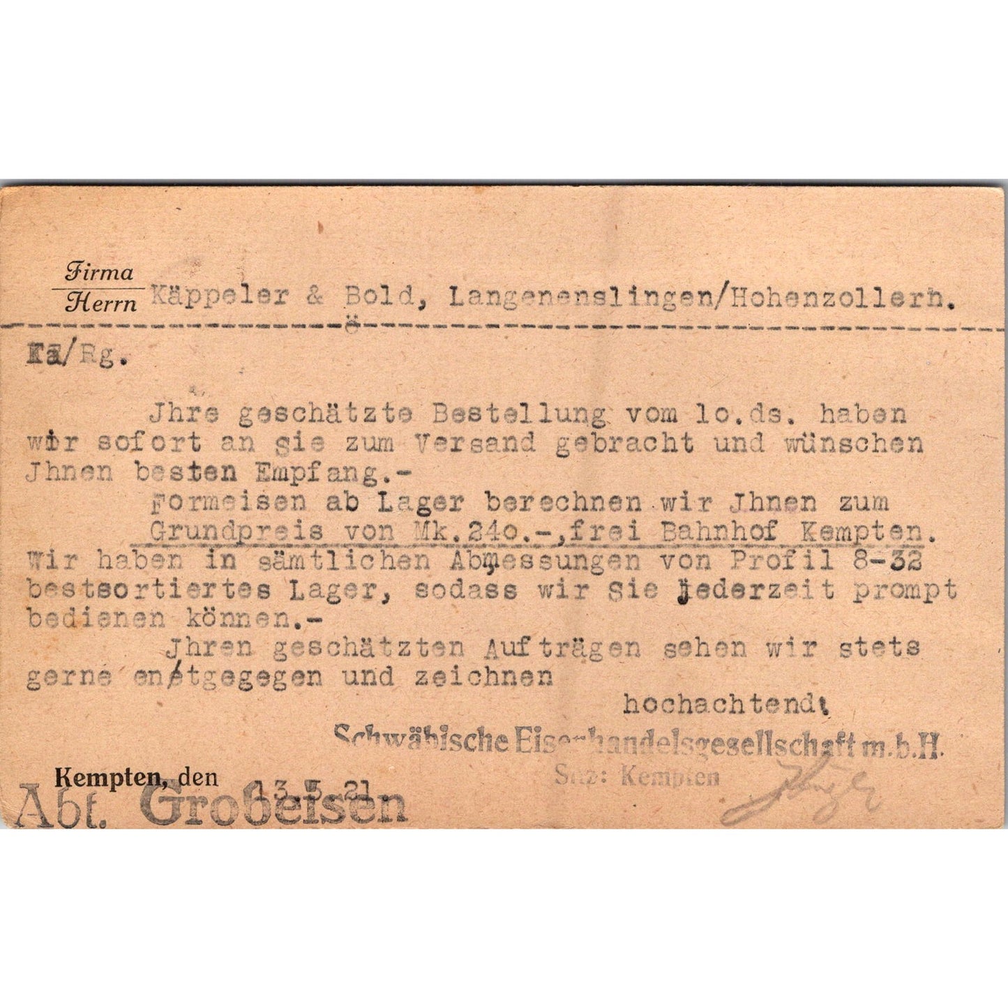 Franz Tröger Eisengroßhandlung Kempten Allgäu 1921 German Reich Postcard AH4-M1