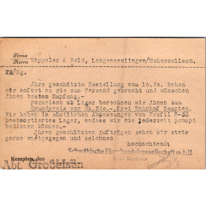Franz Tröger Eisengroßhandlung Kempten Allgäu 1921 German Reich Postcard AH4-M1