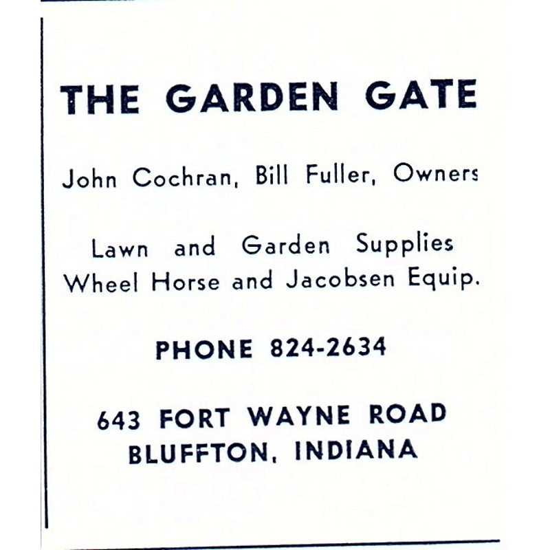 The Garden Gate - John Cochran, Bill Fuller - Bluffton Indiana 1964 Ad AG1-S12