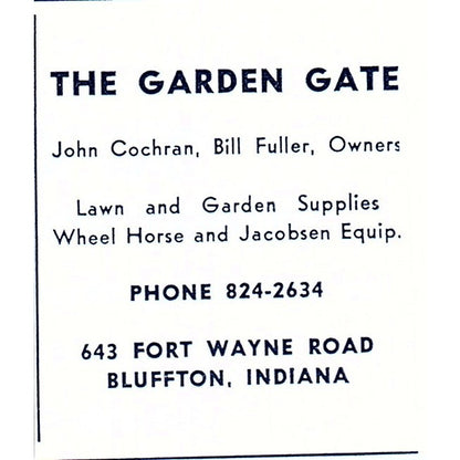 The Garden Gate - John Cochran, Bill Fuller - Bluffton Indiana 1964 Ad AG1-S12