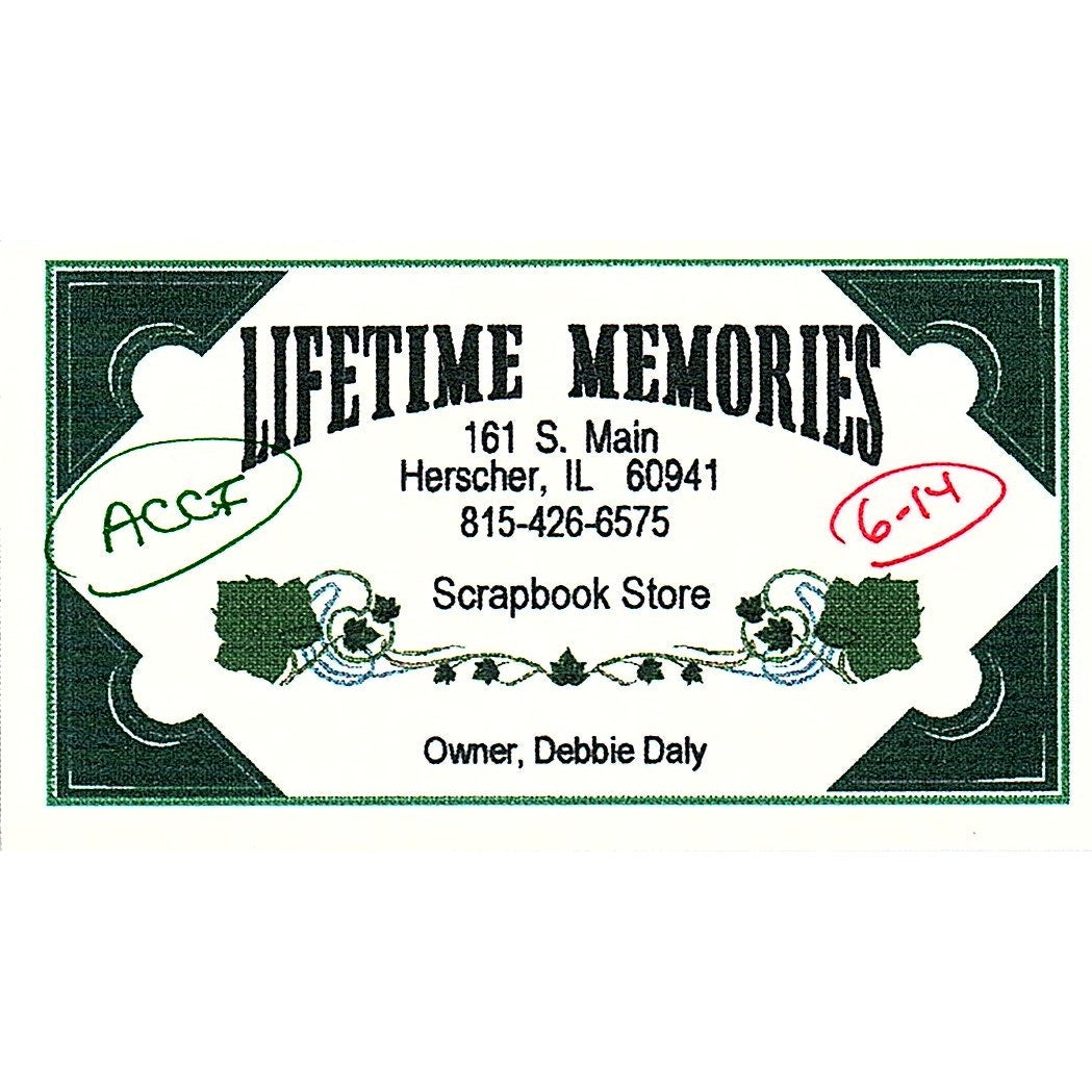 Lifetime Memories Scrapbook Store Herscher IL Debbie Daly Business Card SC9-B10
