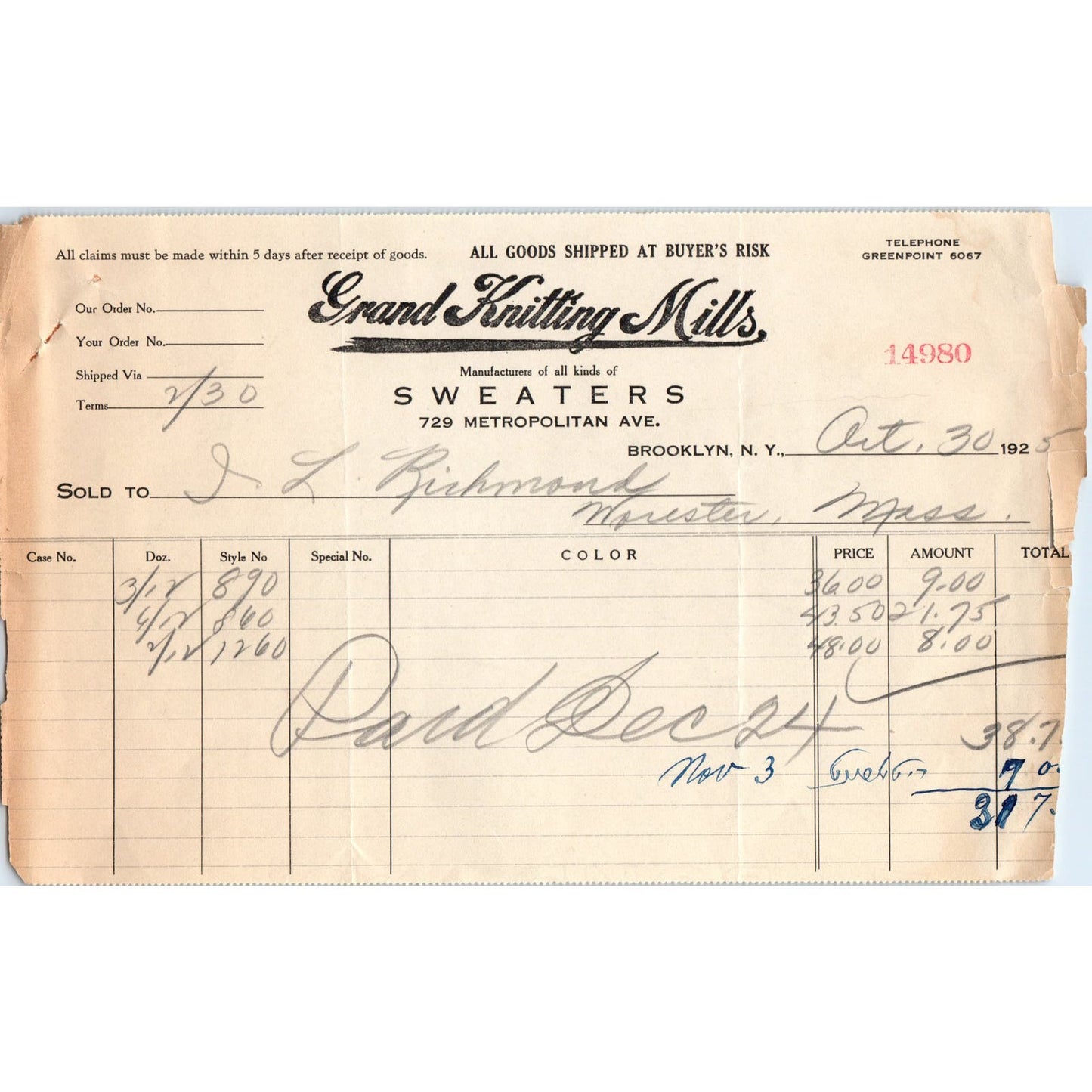 Grand Knitting Mills Sweaters Brooklyn 1925 Original Billhead Letterhead D8-LL