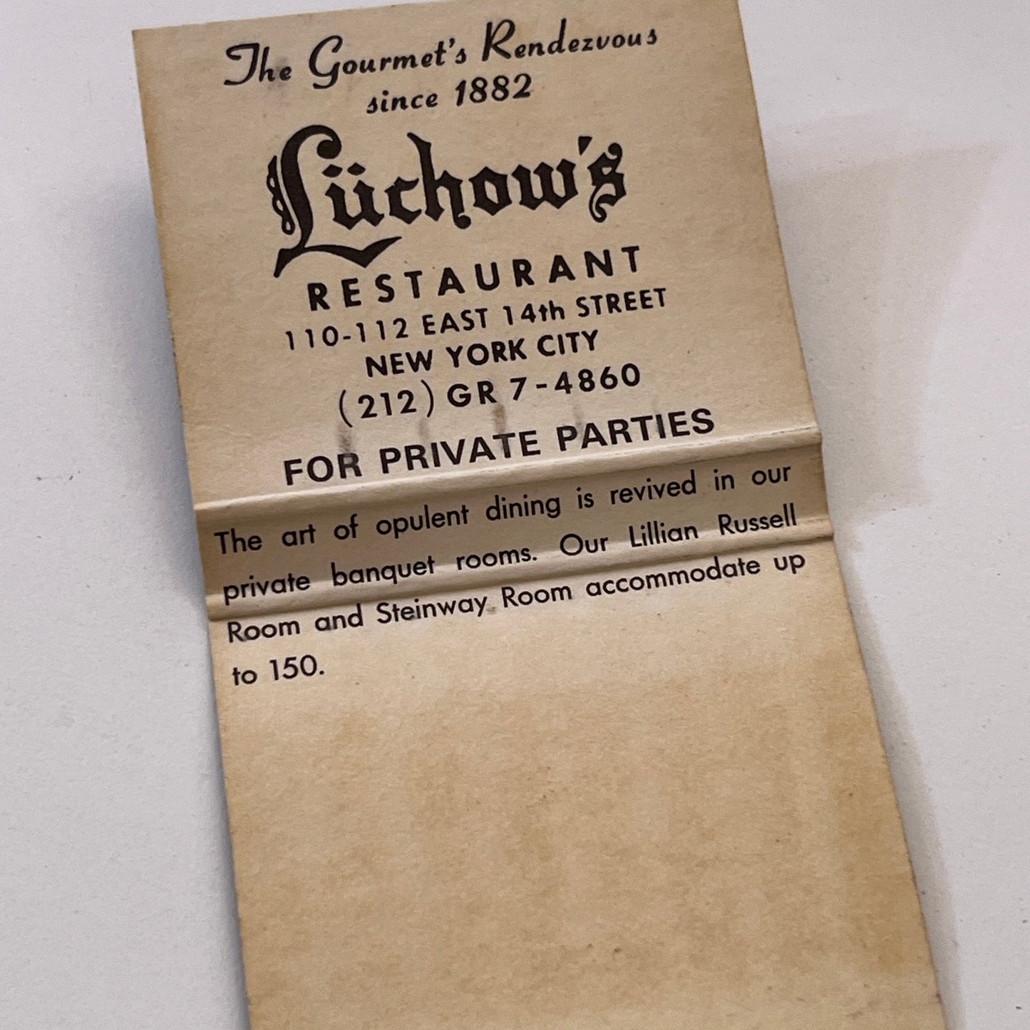 Lüchow's Restaurant New York City Vintage Matchbook Cover TB6-MB1-11