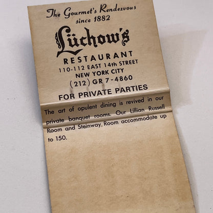 Lüchow's Restaurant New York City Vintage Matchbook Cover TB6-MB1-11