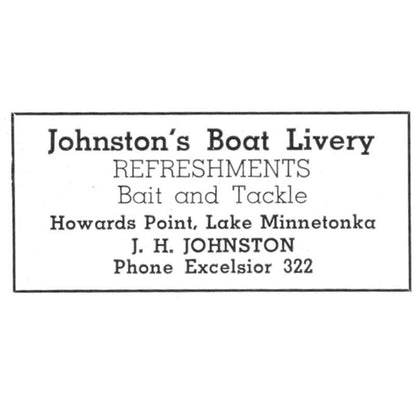 J.H. Johnson's Boat Livery Howards Point Lake Minnetonka MN 1940 Ad AF1-SS5