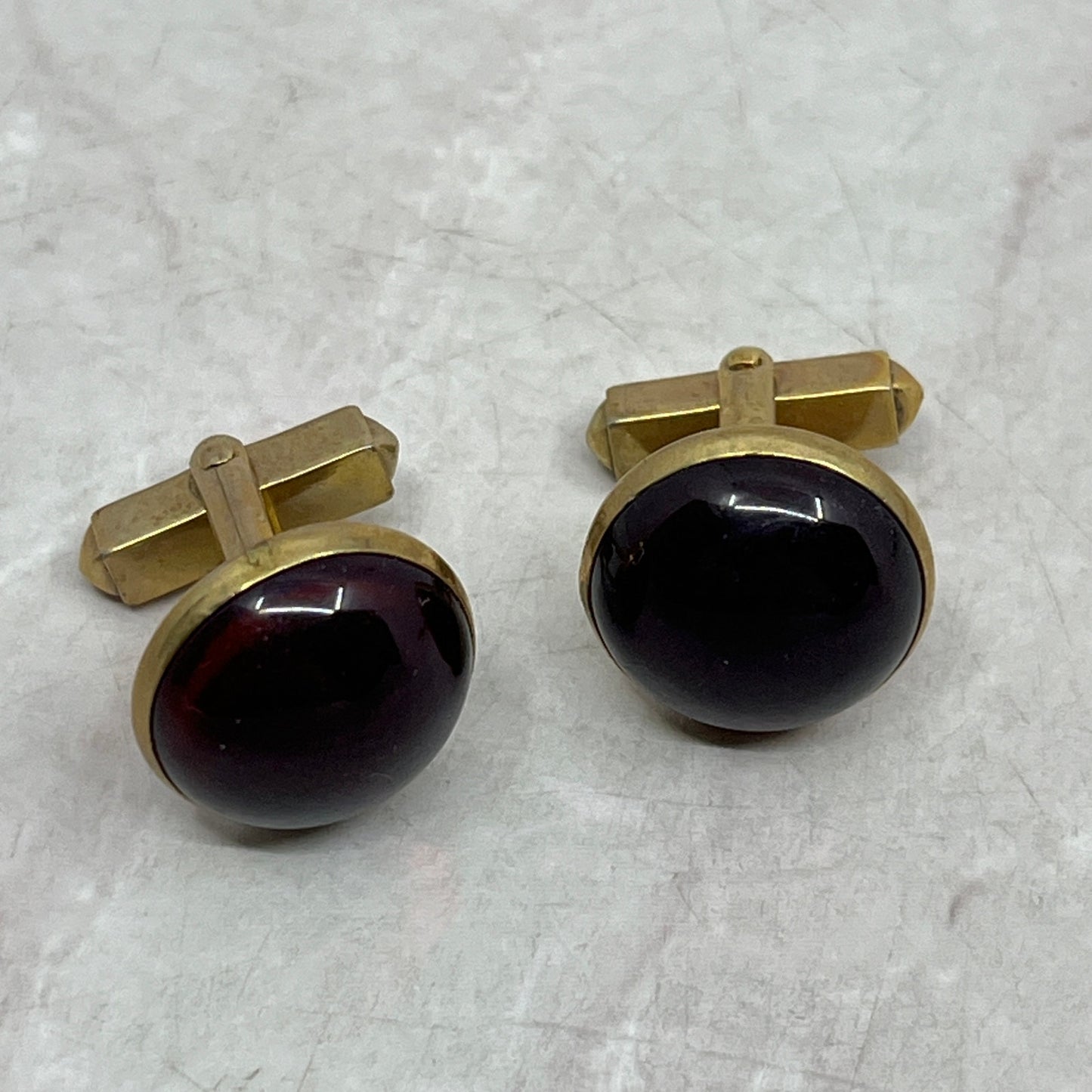 Vintage MCM Swank Cufflinks Red Glass Cabochon Gold Tone Men SE5