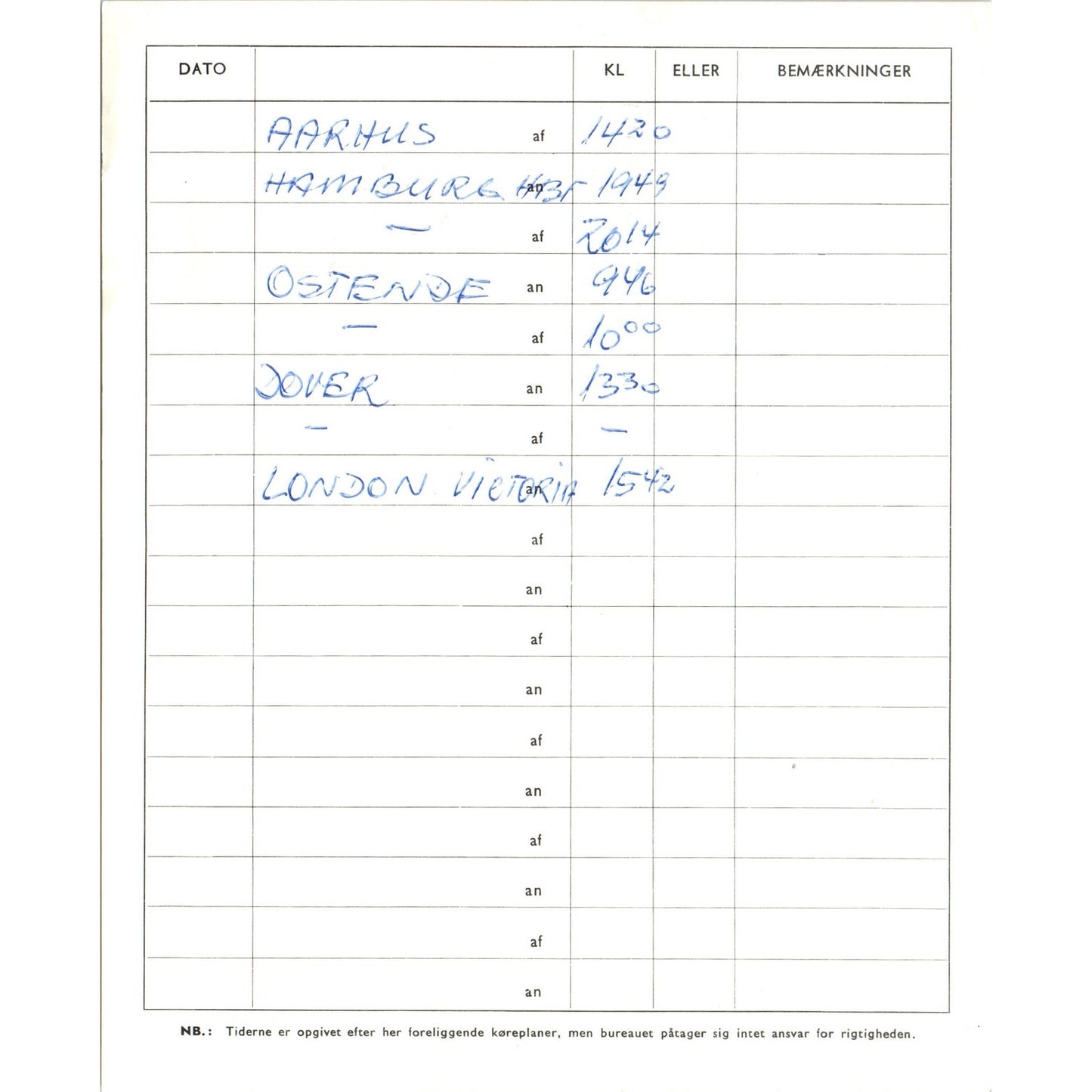 1960s DSB Danish Statsbaners Travel Agency Itinerary ÅRHUS AF7-E10