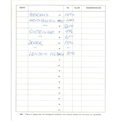1960s DSB Danish Statsbaners Travel Agency Itinerary ÅRHUS AF7-E10