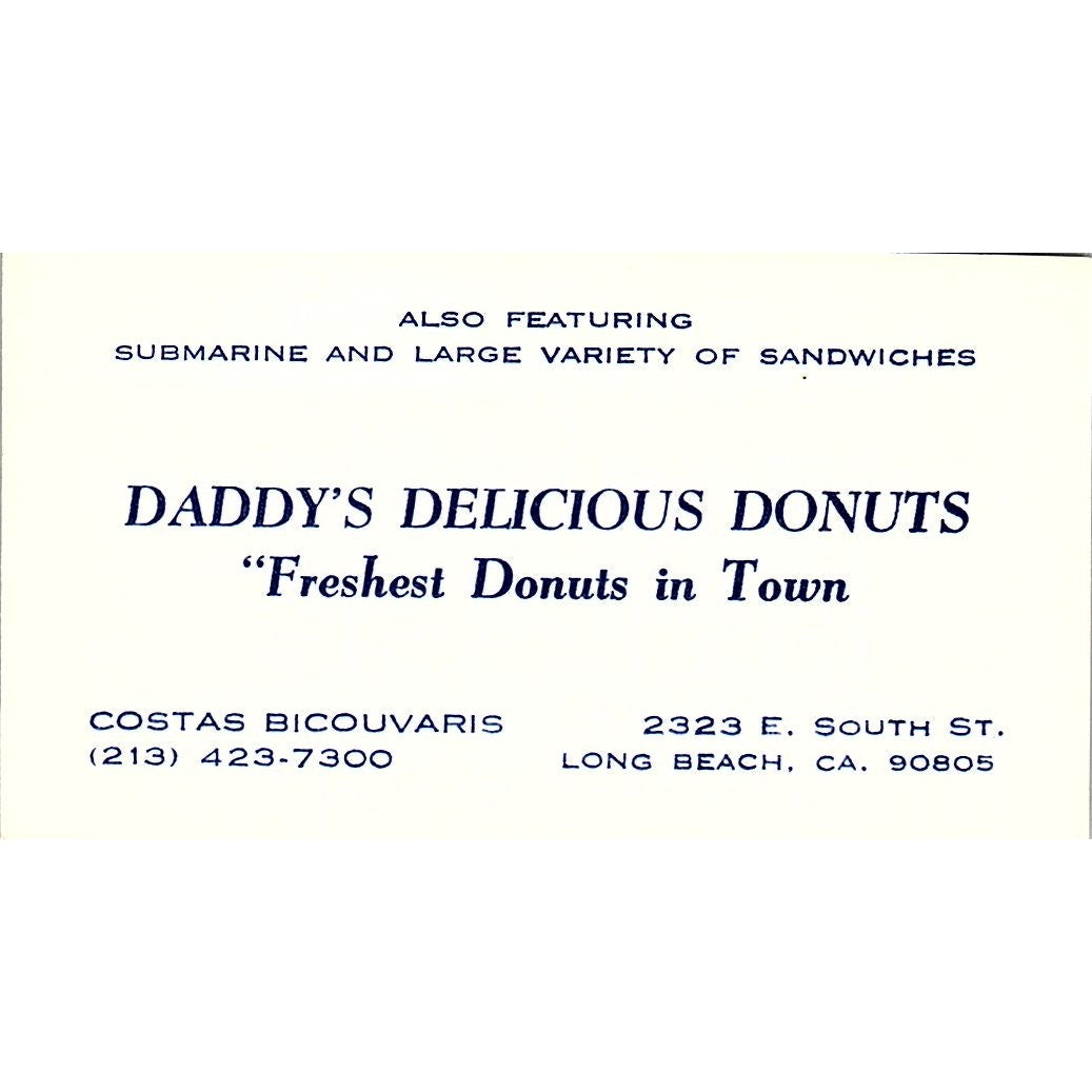 Costas Bicouvaris Daddy's Delicious Donuts Long Beach Vtg Business Card SD9-B11