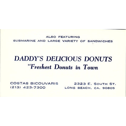 Costas Bicouvaris Daddy's Delicious Donuts Long Beach Vtg Business Card SD9-B11