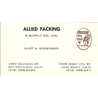 Allied Packing & Supply Co Kurt A Sorensen Long Beach CA Business Card SB4-B6