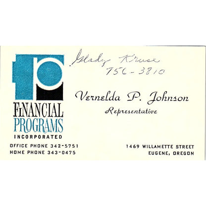 Vernelda P Johnson Financial Programs Inc Eugene OR Vintage Business Card SD9-B4