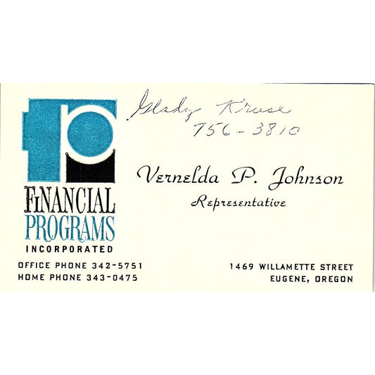 Vernelda P Johnson Financial Programs Inc Eugene OR Vintage Business Card SD9-B4