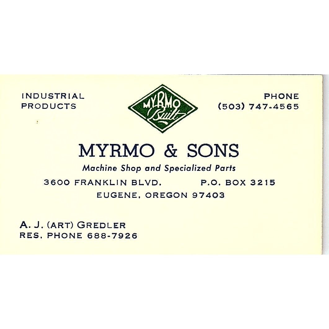 Myrmo & Sons A.J. (Art) Gredler Eugene Oregon Vintage Business Card SB4-B4