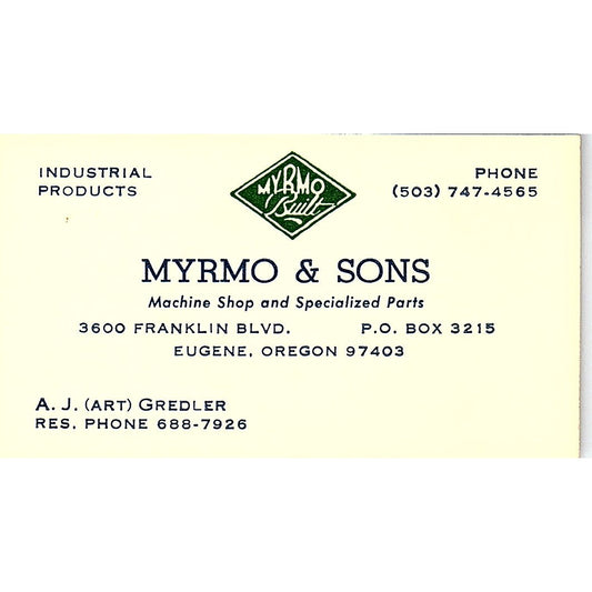 Myrmo & Sons A.J. (Art) Gredler Eugene Oregon Vintage Business Card SB4-B4