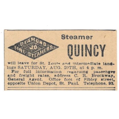 Steamer Quincy St. Paul to St. Louis C,R. Brockway 1898 Newspaper Ad AF2-S6