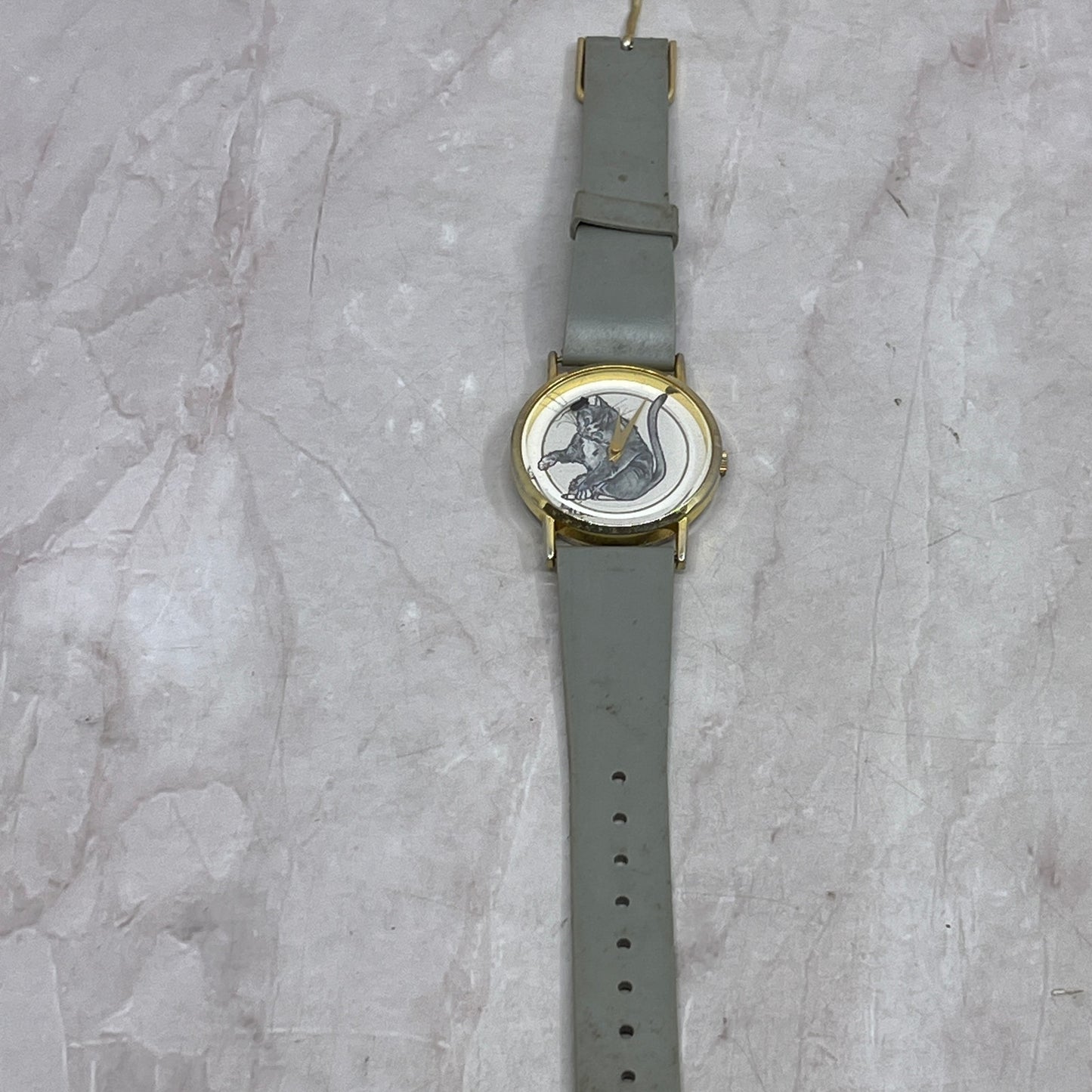 Vtg Cat Watch Rotating Mouse Meow Brand Gold-Tone Face Gray Band UNTESTED SF4