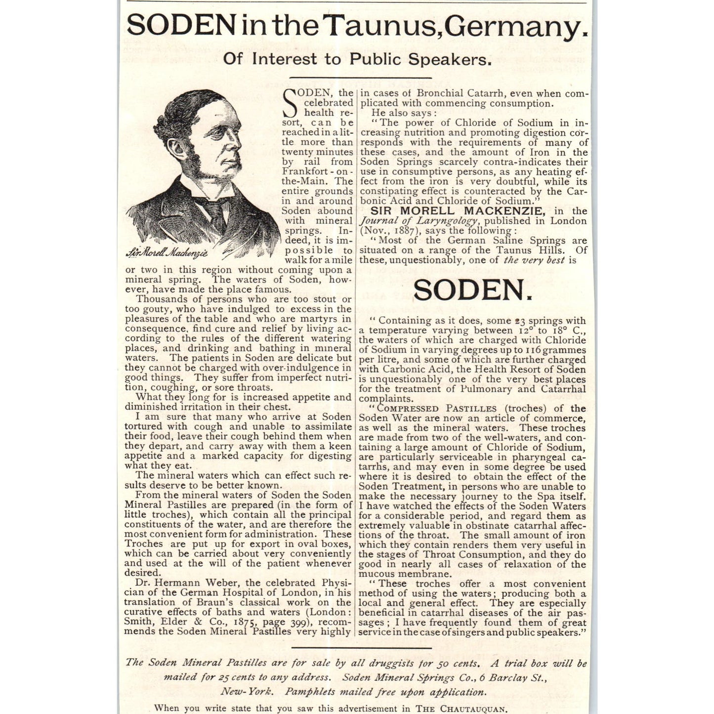 Soden Mineral Pastilles Sir Morell Mackenzie c1890 Victorian Ad AE8